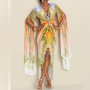 Vibrant Multicolor Maxi Dress with Flowing Sleeves